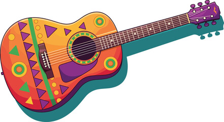 Colorful acoustic guitar illustration, geometric patterns, vibrant orange red green purple yellow design, hand-drawn style, festive cultural artwork, music theme