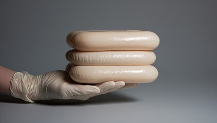 Gloved hand holds three stacked, smooth, light-pink cylindrical food items on gray background