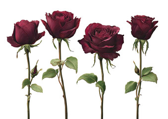 Obraz premium Four dark red roses, stems up, on a stark black backdrop