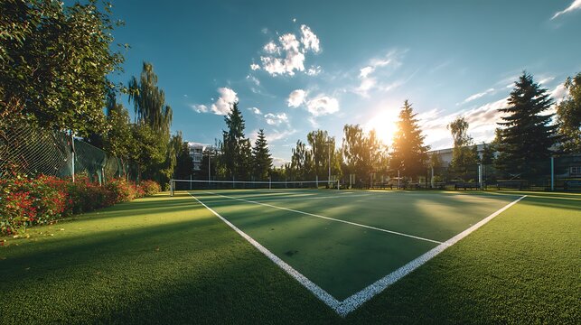 Idyllic outdoor tennis court bathed in the warm glow of the setting sun, surrounded by lush green trees and a clear sky, perfect for a peaceful game