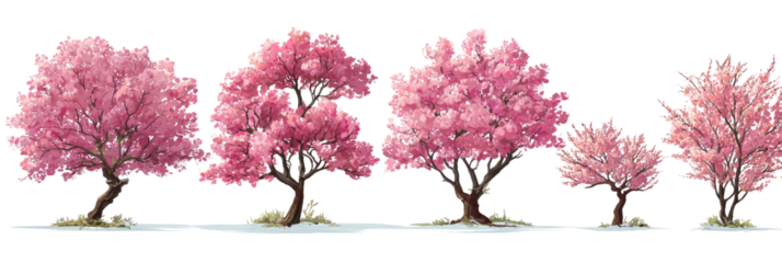 Row of stylized blooming cherry blossom trees on white ground