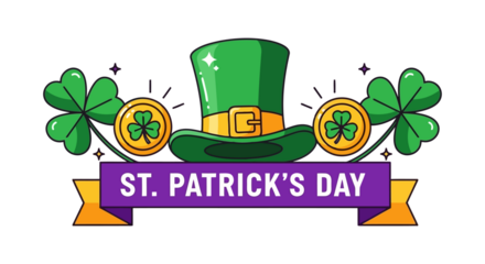 St. Patrick's Day festive illustration with leprechaun hat, shamrocks, and gold coins