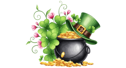 Pot of gold with shamrocks and pink flowers, St. Patrick's Day celebration