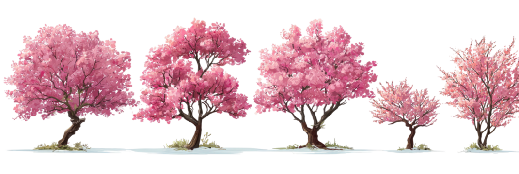 Row of stylized blooming cherry blossom trees on white ground