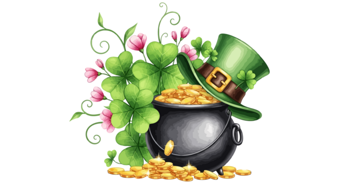 Pot of gold with shamrocks and pink flowers, St. Patrick's Day celebration