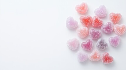 83.A whimsical scene featuring a cluster of heart-shaped, chewy candies in pastel shades of pink, purple, and red, each placed carefully against a pristine white backdrop, evoking a sweet and playful