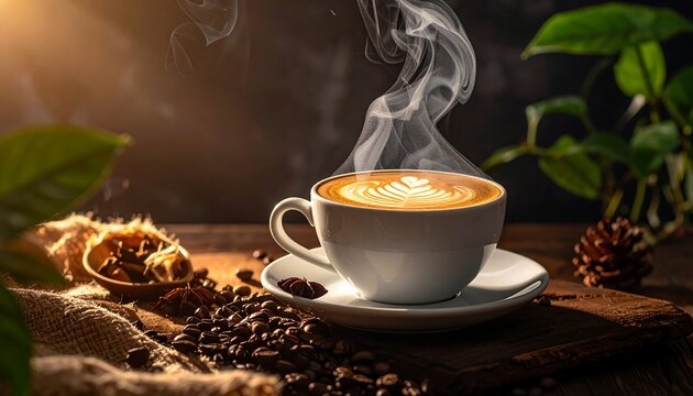 A steaming coffee drink in a white cup with latte art sits on a rustic wooden surface with scattered coffee beans