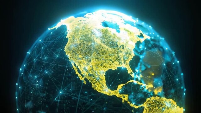 Digital Connectivity: An illuminated digital depiction of Earth, overlaid with a network of interconnected nodes, signifies global communication and technological advancement. - Powered by Adobe