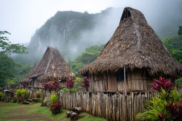 Traditional thatched huts in a misty, mountainous, lush green landscape