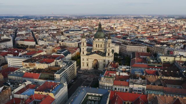 Detailed drone view of St. Stephen&rsquo;s Basilica rising above Budapest&rsquo;s classic rooftops.