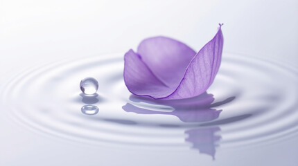 A captivating dance of a purple petal and a water droplet, their reflections intertwining on the waters surface, creating a mesmerizing symphony of light and shadow isolated on white background