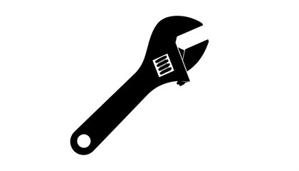 Black wrench illustration against a solid white background, angled