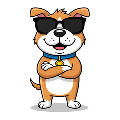 Cool cartoon dog illustration, happy and smiling canine character wearing stylish black sunglasses