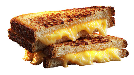Two delicious grilled cheese sandwiches stacked on top of each other, isolated on a transparent background