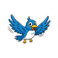 Cute cartoon blue bird flying happily with outstretched wings, a cheerful vibrant avian illustration.