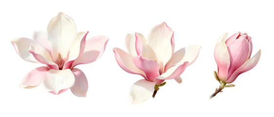 Realistic magnolia flower set with soft pink and white petals isolated on transparent background, elegant floral element collection

