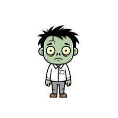 Cute cartoon zombie boy with green skin, big sad eyes, cracks, a classic spooky Halloween character.