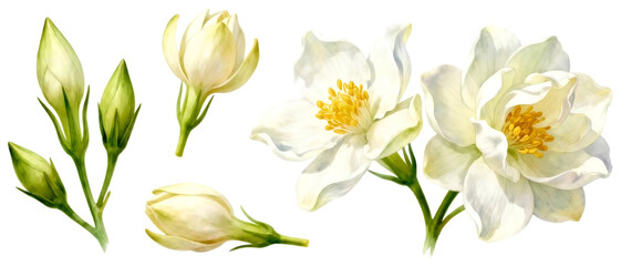 Realistic jasmine flower set with multiple bloom stages isolated on clean transparent background, fragrant white floral element collection
