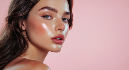 Fototapeta premium studio beauty portrait of woman with glossy makeup and glowing skin on pink background