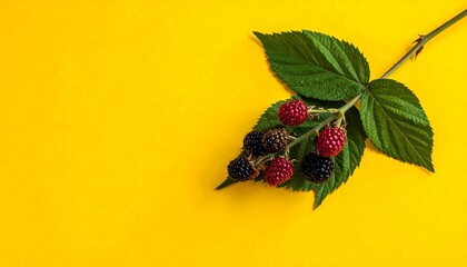 Blackberries and vibrant green leaves against a solid, textured, sunny yellow background