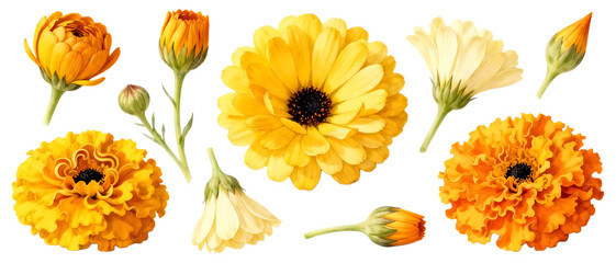 Realistic marigold flower set with multiple bloom shapes isolated on clean transparent background, bright yellow floral element collection
