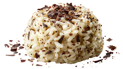 A closeup studio shot of a perfectly portioned mound of creamy risotto, generously topped with finely chopped black truffle and served on a clean transparent background for a striking presentation