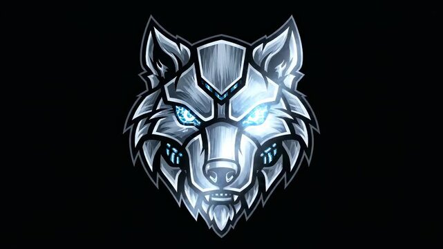Intense Wolf Head Illustration with Glowing Eyes on Black Background.