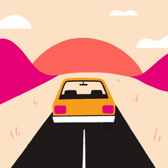 A yellow car driving on a road trip during sunset