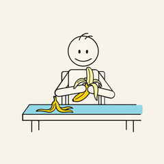 Stick figure peeling a banana at a blue table, with banana peel on the table, vector illustration for healthy eating, simple drawing on a light background.