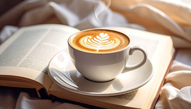 A steaming cappuccino with latte art atop an open book on soft, white bedding in warm, natural light