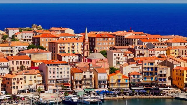 Close up aerial drone shot over the town of Calvi, Corsica, France.