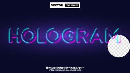Hologram colorful neon glow beam style editable vector text effect. Futuristic glow typography design for youth techno marketing and future innovation network barnding.