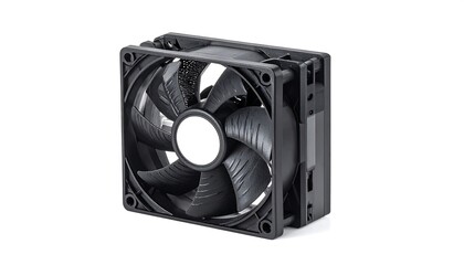 Black, square computer fan with curved blades sits at an angle on a white background, light catching its form