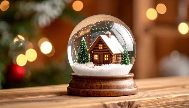 Charming snow globe featuring a rustic log cabin nestled among snow-covered evergreen trees, illuminated by warm lights, evoking a magical holiday spirit and winter wonderland scene - Powered by Adobe
