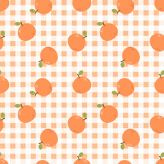 Summer seamless pattern with gingham pattern of fruits. healthy food set and orange cartoon background.
