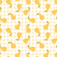 Summer seamless pattern with gingham pattern of fruits. healthy food set and pear cartoon background.