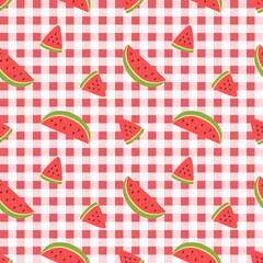 Summer seamless pattern with gingham pattern of fruits. healthy food set and watermelon cartoon background.	