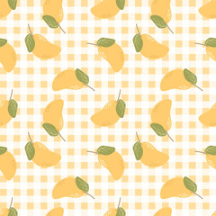 Summer seamless pattern with gingham pattern of fruits. healthy food set and mango cartoon background.