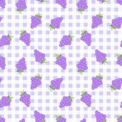 Summer seamless pattern with gingham pattern of fruits. healthy food set and grape cartoon background.
