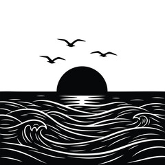 Stylized black and white illustration of a sunset over the ocean with birds