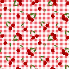 Summer seamless pattern with gingham pattern of fruits. healthy food set and cherry cartoon background.	