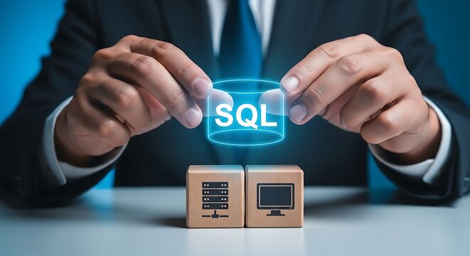 Person holding digital S Q L database above server and computer blocks