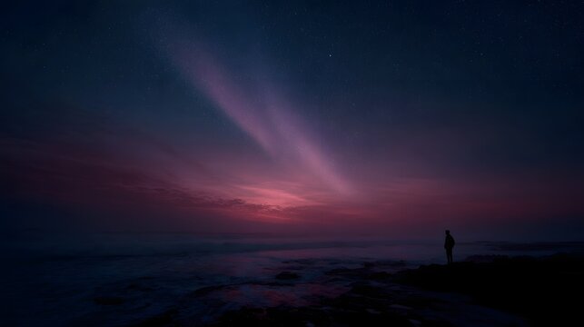 A lone silhouette gazes at a vibrant colorful twilight sky over the ocean