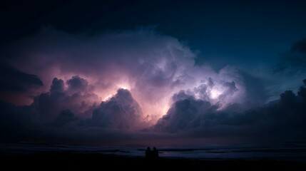 A couple watches lightning illuminate dramatic storm clouds over the ocean at twilight
