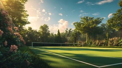 A serene outdoor tennis court bathed in warm sunlight, surrounded by lush greenery and blooming flowers, evoking a sense of tranquil recreation
