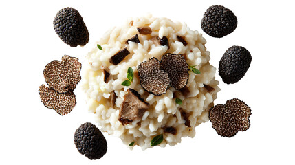 Delicious truffle risotto with fresh black truffle slices and whole truffles scattered around, isolated on transparent background