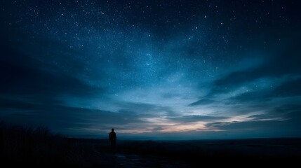 A solitary figure gazes at the vast star filled night sky with a gentle horizon glow