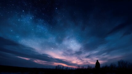 Solitary silhouette gazes at a star filled night sky with twilight colors on the horizon