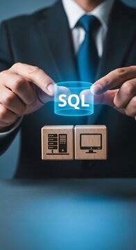 Man holding S Q L database and computer icons server