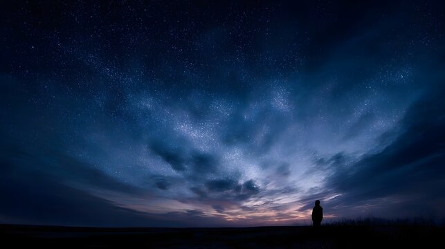 A solitary figure silhouetted against a breathtaking starry night sky gazing at the celestial expanse with a faint glow on the horizon